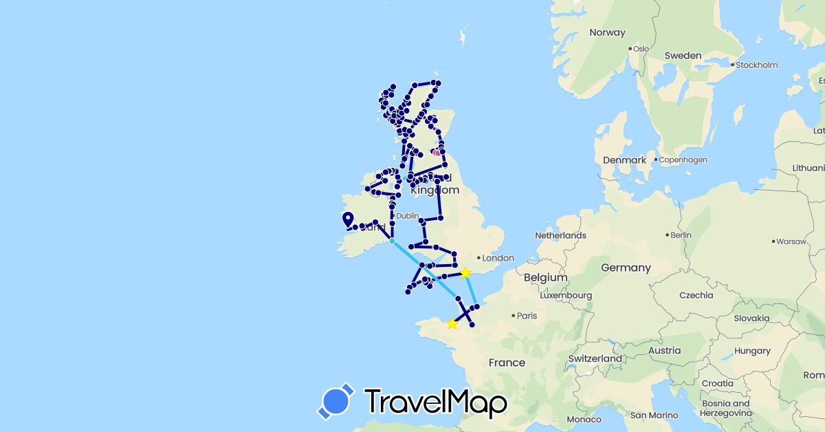 TravelMap itinerary: driving, bus, train, hiking, boat in France, United Kingdom, Ireland (Europe)